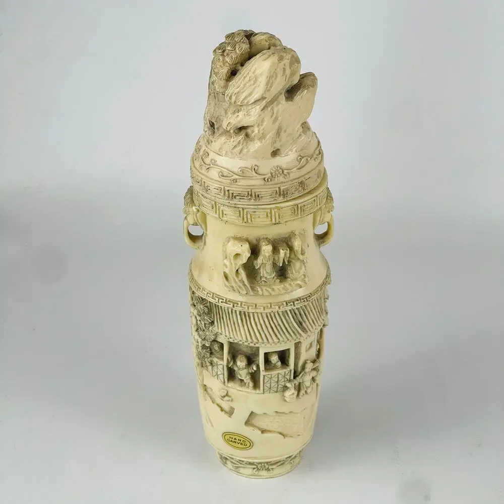 Vintage Ornate Chinese Hand Carved Composite Resin Decorative Vase with Lid